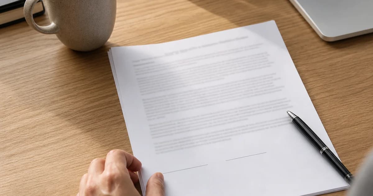 Printed hiring agreement and pen beside a laptop on a naturally lit desk, ready for review before work starts