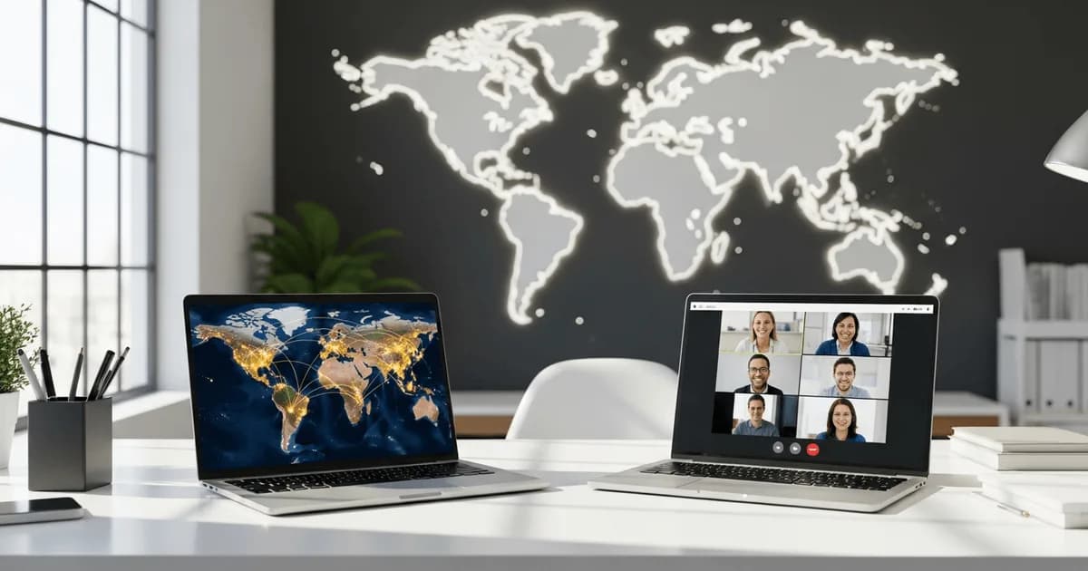 Two laptops on a white desk with a world map in the background — comparing Philippines and India outsourcing