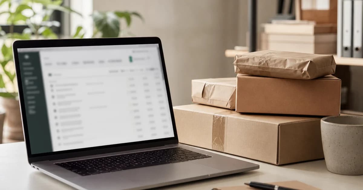 Laptop showing ecommerce orders beside kraft shipping parcels and a notebook in a naturally lit workspace