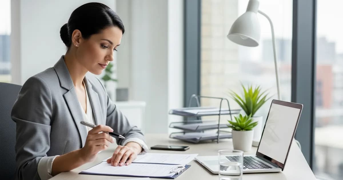 Business professional reviewing a contract and checklist at a modern office desk