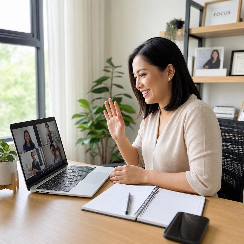Filipino professional smiling during a video call at a bright, tidy home office desk — engaged offshore WFH team member