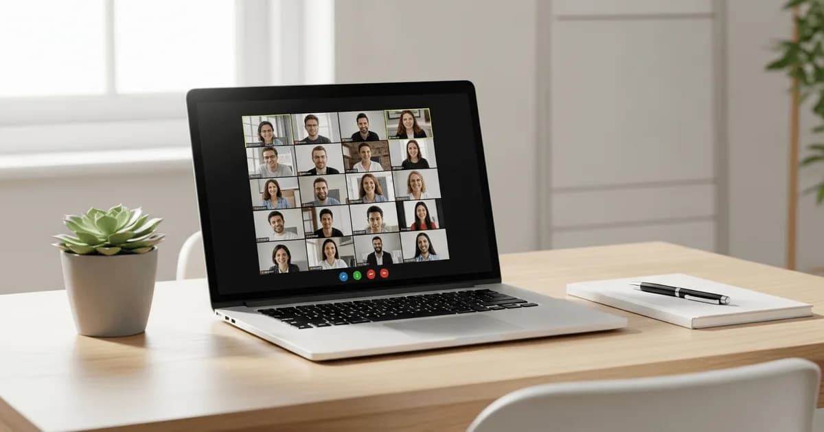 Laptop open to a video call on a tidy home office desk with notebook and plant — managing a remote offshore team