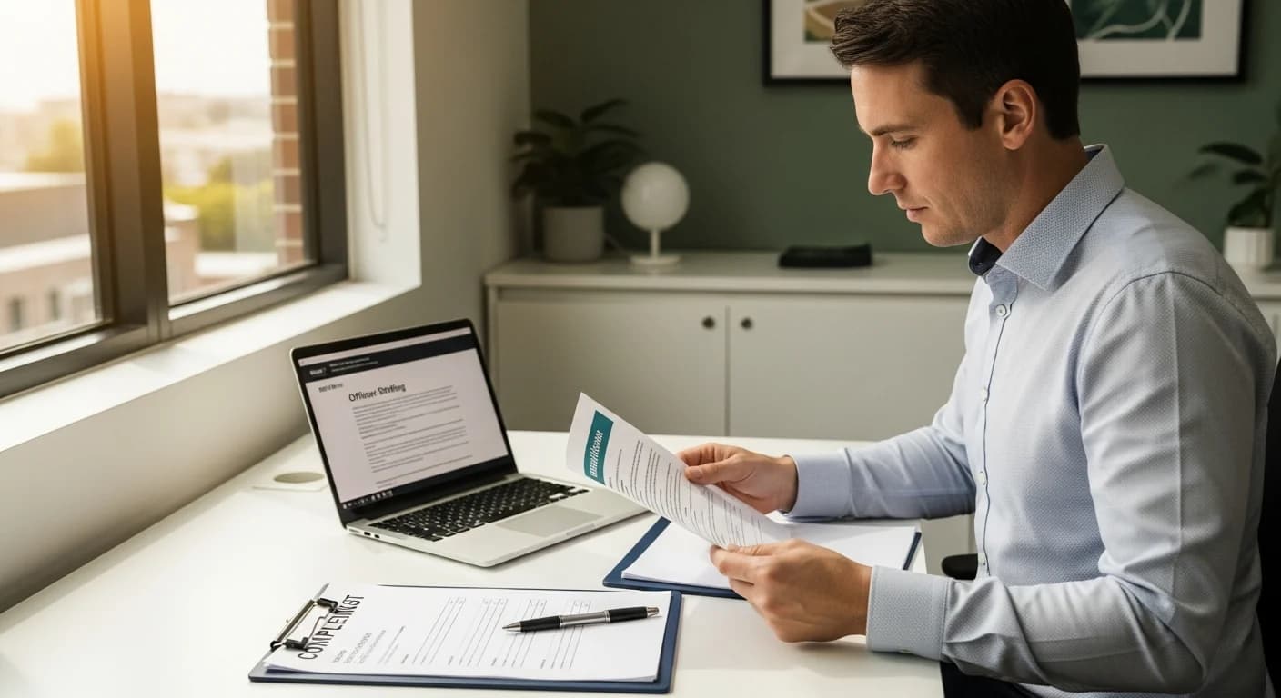 Australian accountant at a modern office desk reviewing offshore staffing compliance documents