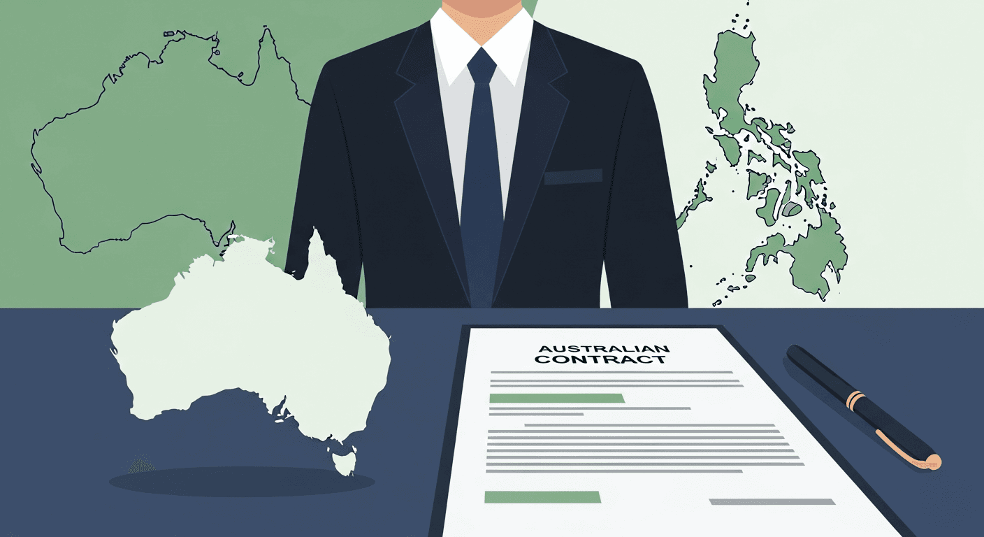 Australian employment contract documents on a desk with a map outline of Australia and the Philippines