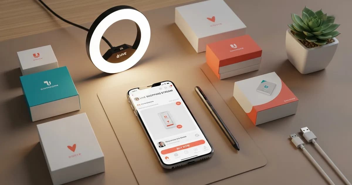 Smartphone displaying a live shopping stream on a clean desk with product boxes and a ring light