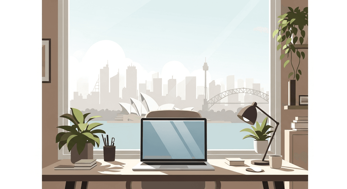 Modern home office desk with a laptop and Australian city skyline visible through the window