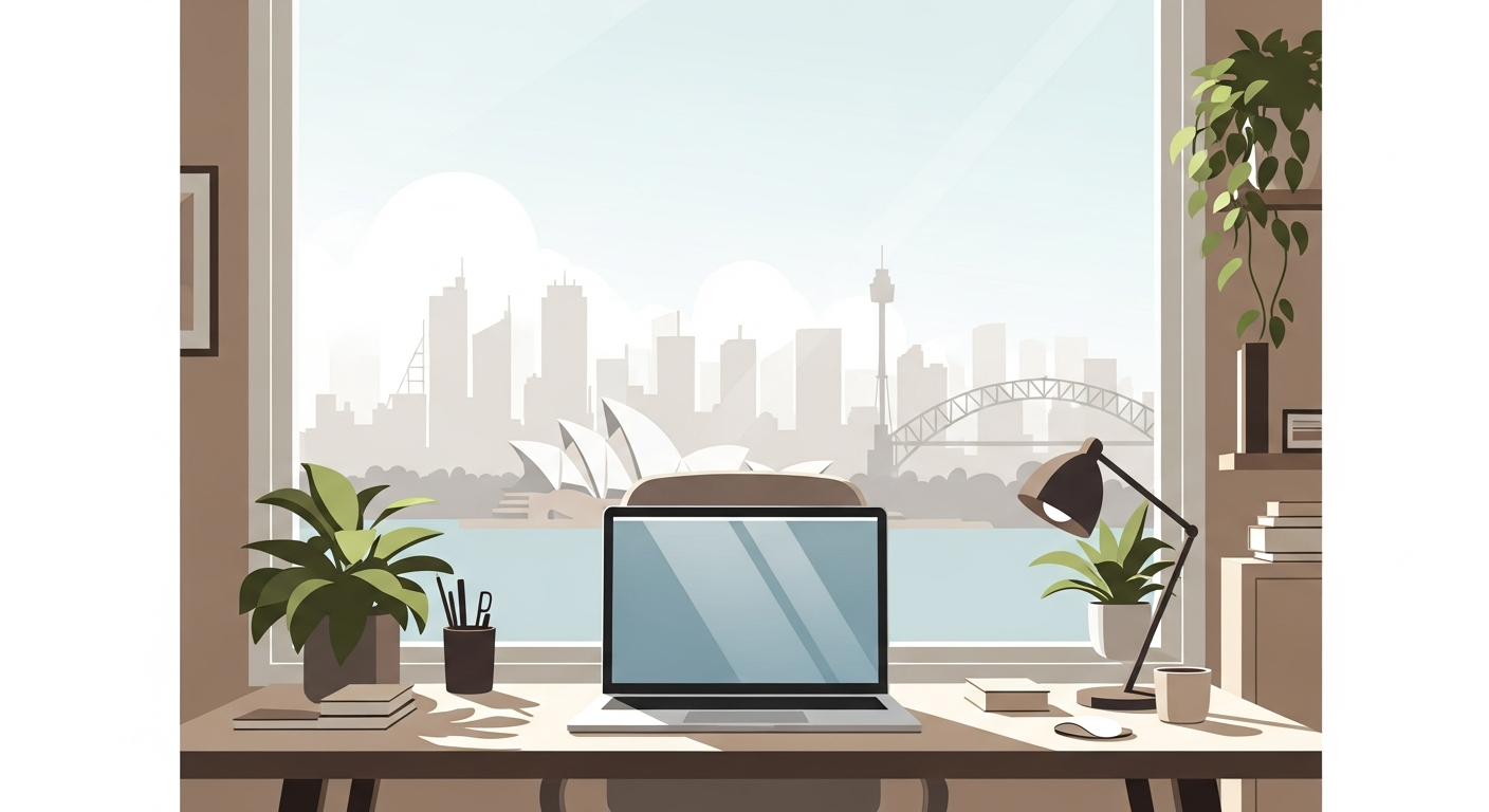 Modern home office desk with a laptop and Australian city skyline visible through the window